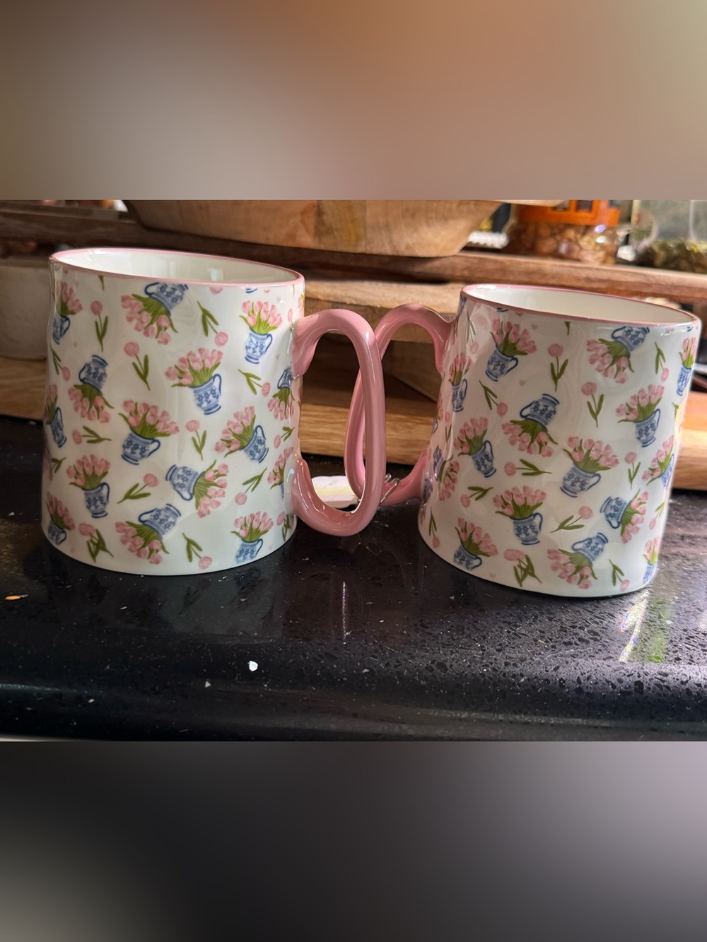 Floral Pink Handle Ceramic Coffee Mug set 2 10 strawberry street Bella tulip